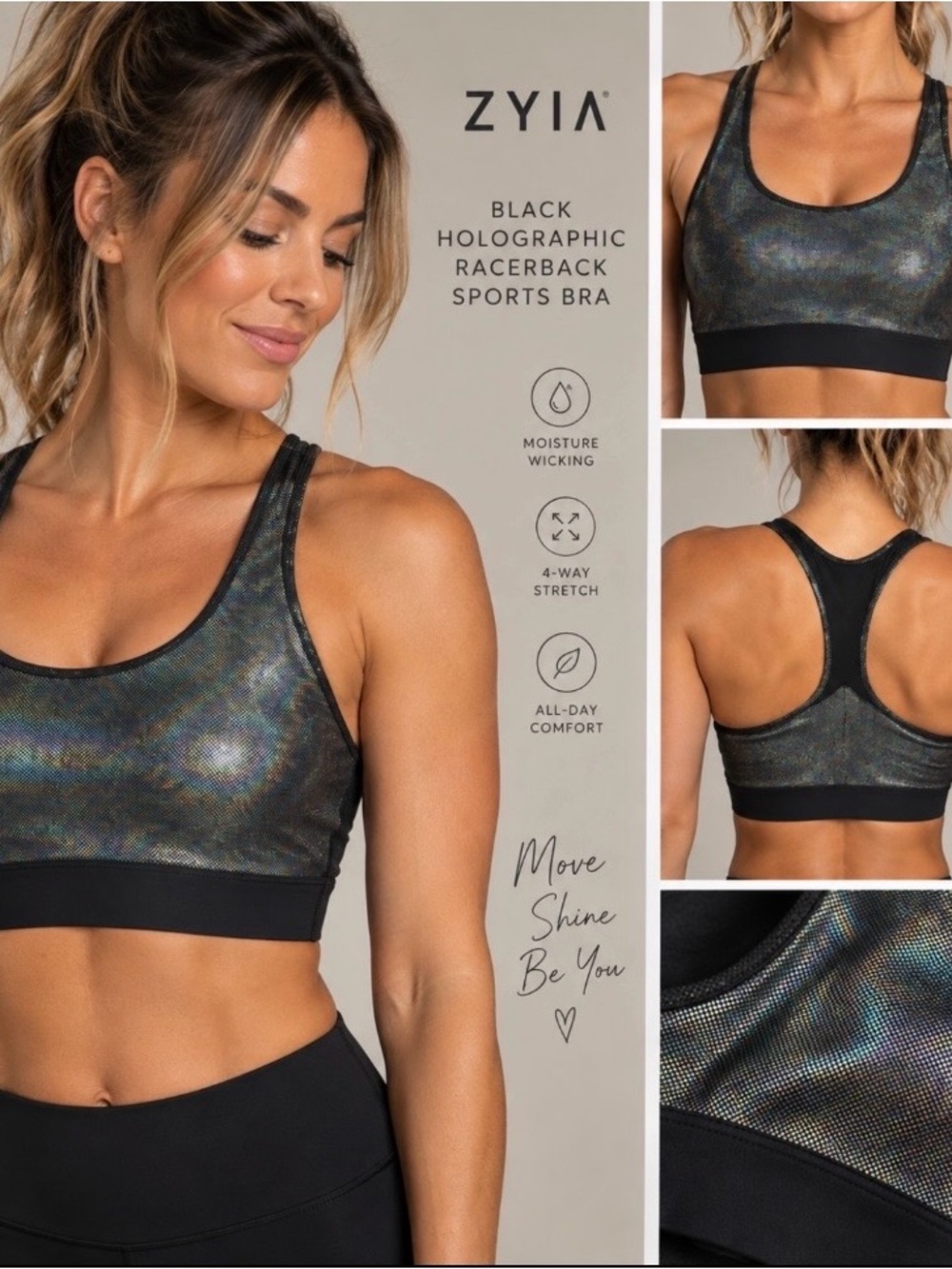 ZYIA Black Holographic Racerback Sports Bra
